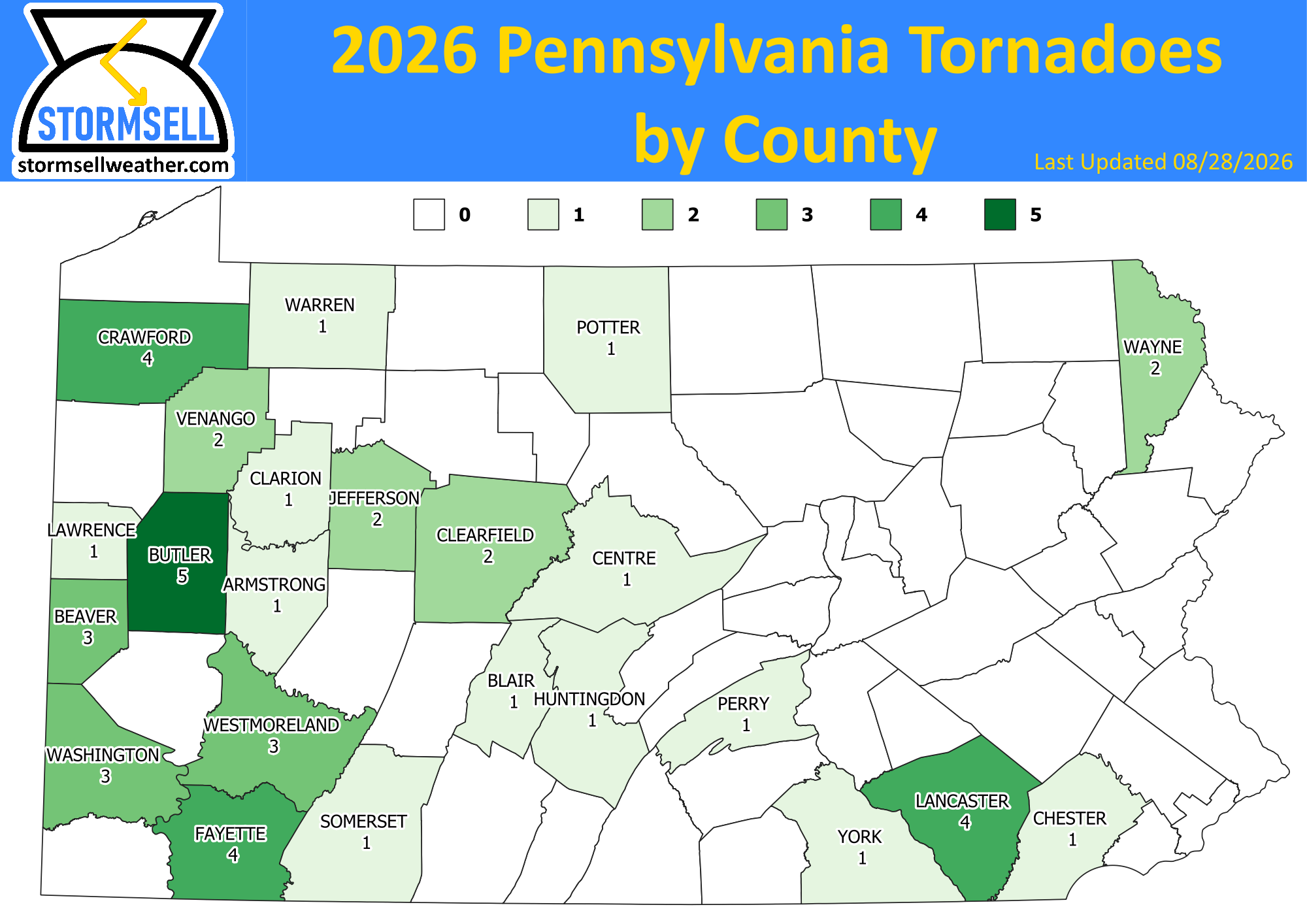 Map of Pennsylvania tornadoes in 2026